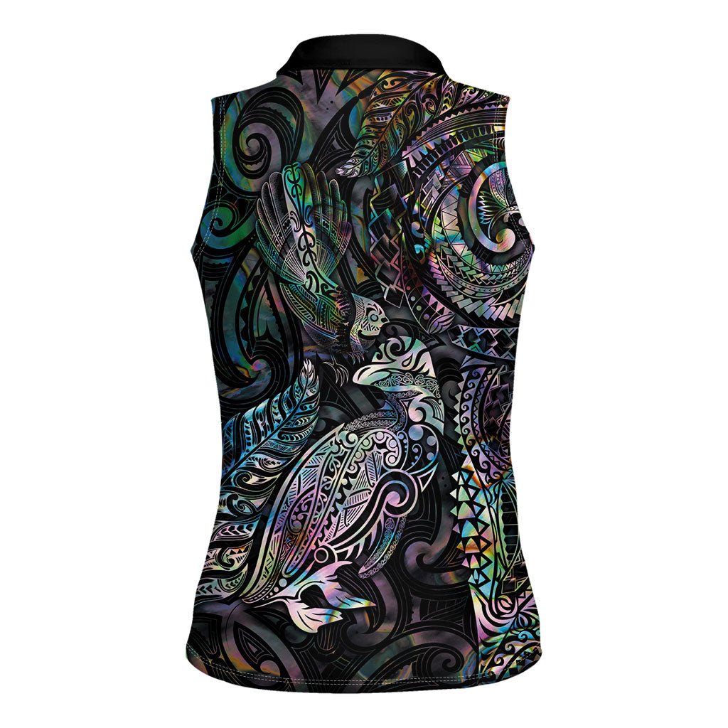 Aotearoa Moko Tribal Tattoo Women Sleeveless Polo Shirt New Zealand Maori Penguin and Fantail Paua Shell Style LT03 - Polynesian Pride