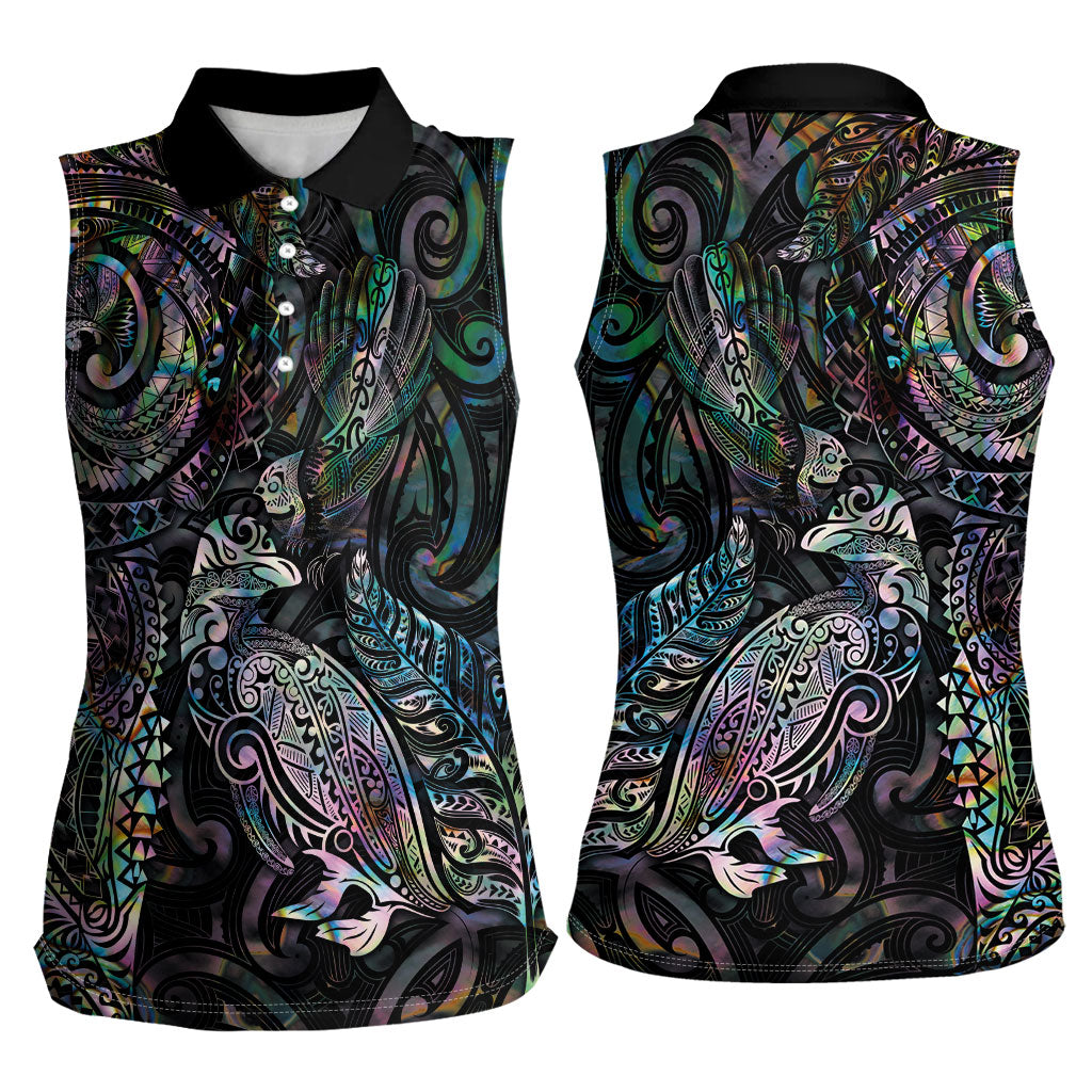 Aotearoa Moko Tribal Tattoo Women Sleeveless Polo Shirt New Zealand Maori Penguin and Fantail Paua Shell Style LT03 - Polynesian Pride