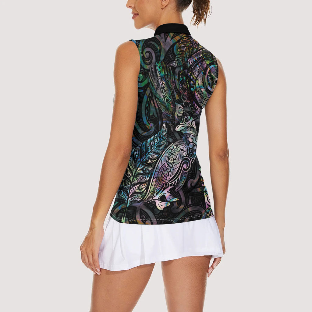 Aotearoa Moko Tribal Tattoo Women Sleeveless Polo Shirt New Zealand Maori Penguin and Fantail Paua Shell Style LT03 - Polynesian Pride