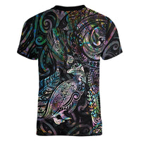 Aotearoa Moko Tribal Tattoo Women V-Neck T-Shirt New Zealand Maori Penguin and Fantail Paua Shell Style LT03 - Polynesian Pride