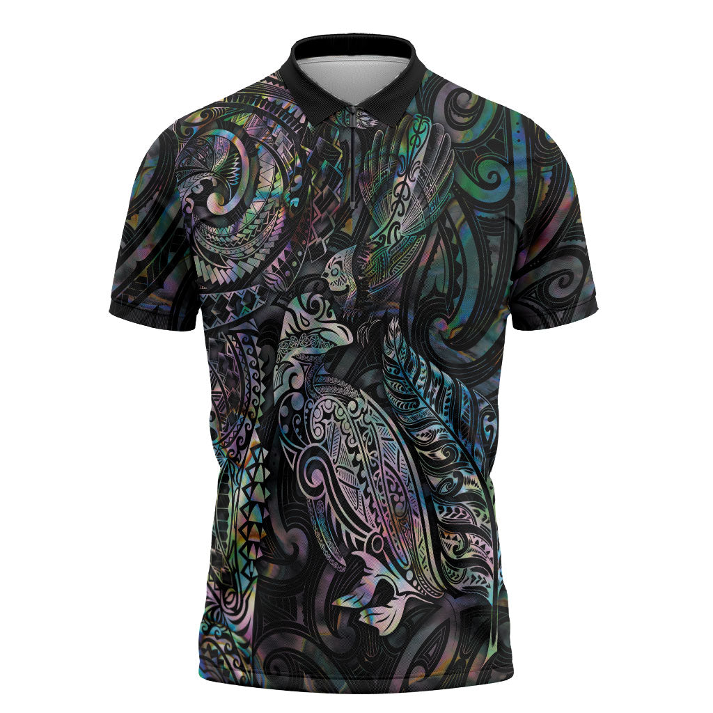 Aotearoa Moko Tribal Tattoo Zipper Polo Shirt New Zealand Maori Penguin and Fantail Paua Shell Style LT03 Multicolor - Polynesian Pride
