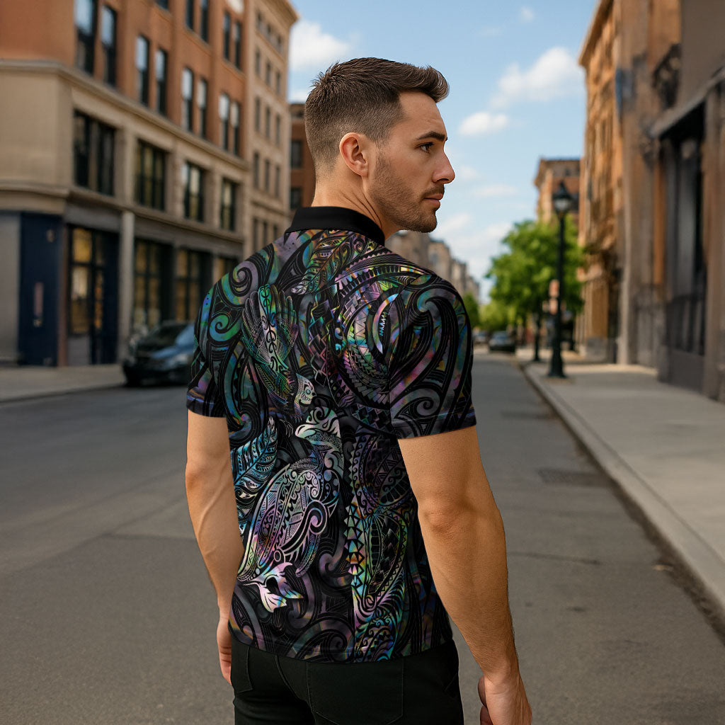 Aotearoa Moko Tribal Tattoo Zipper Polo Shirt New Zealand Maori Penguin and Fantail Paua Shell Style LT03 - Polynesian Pride