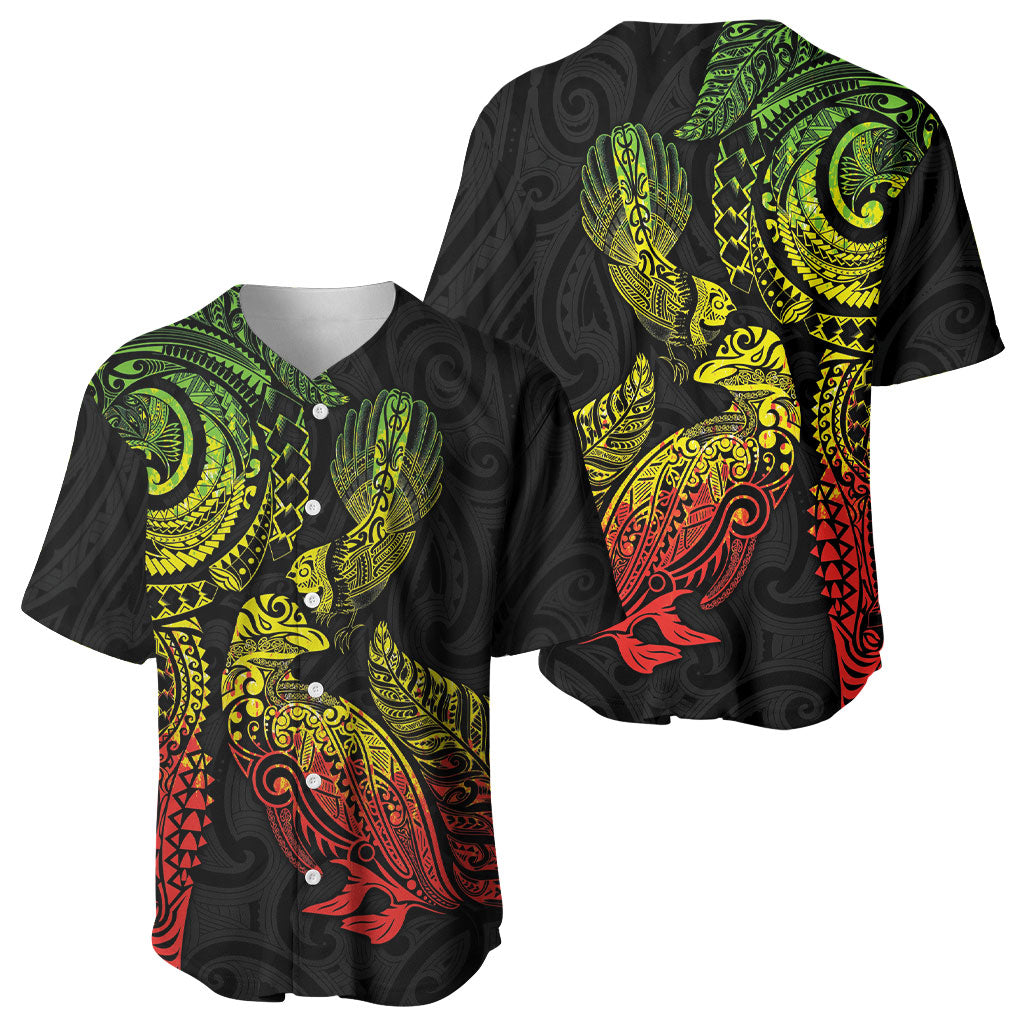 Aotearoa Moko Tribal Tattoo Baseball Jersey New Zealand Maori Penguin and Fantail Reggae Style LT03 - Polynesian Pride