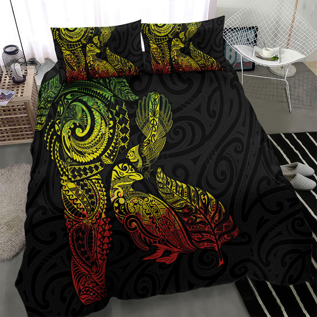 Aotearoa Moko Tribal Tattoo Bedding Set New Zealand Maori Penguin and Fantail Reggae Style
