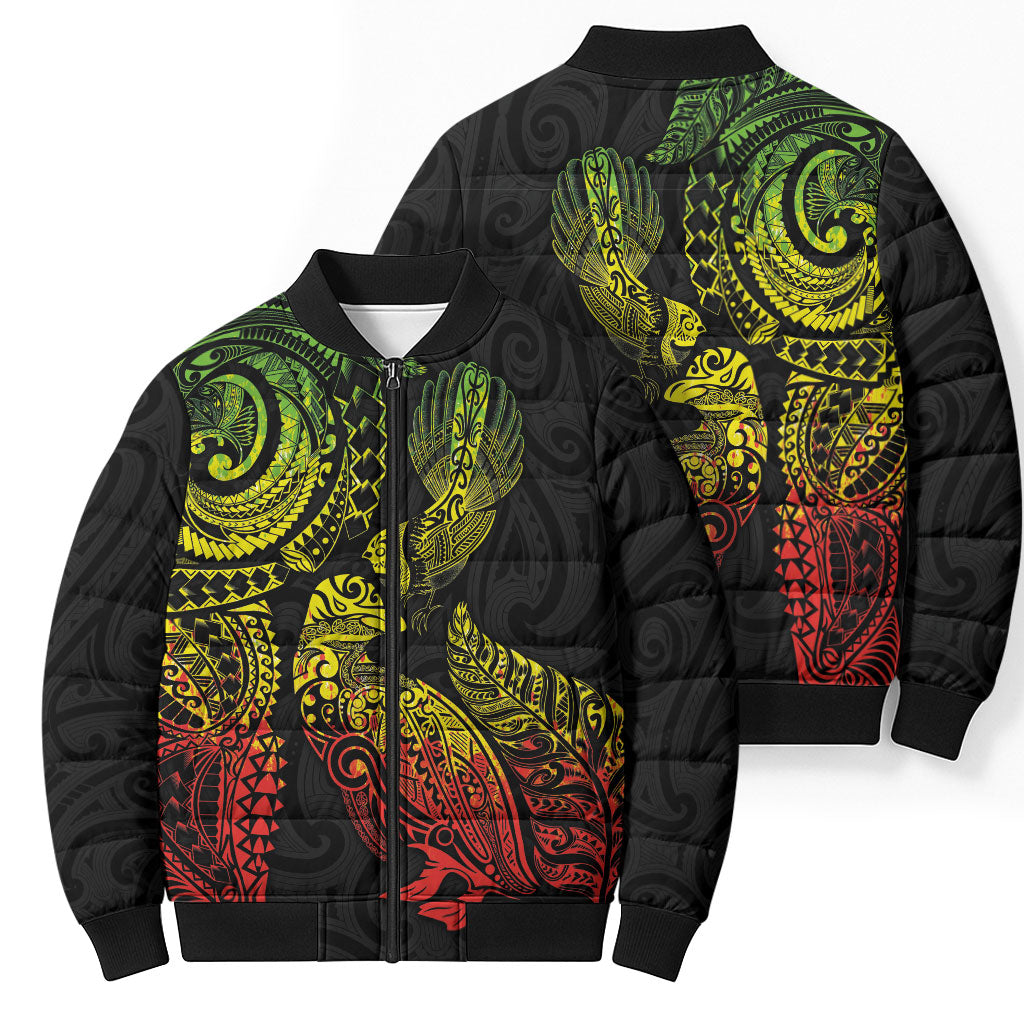 Aotearoa Moko Tribal Tattoo Bomber Puffer Jacket New Zealand Maori Penguin and Fantail Reggae Style LT03 - Polynesian Pride