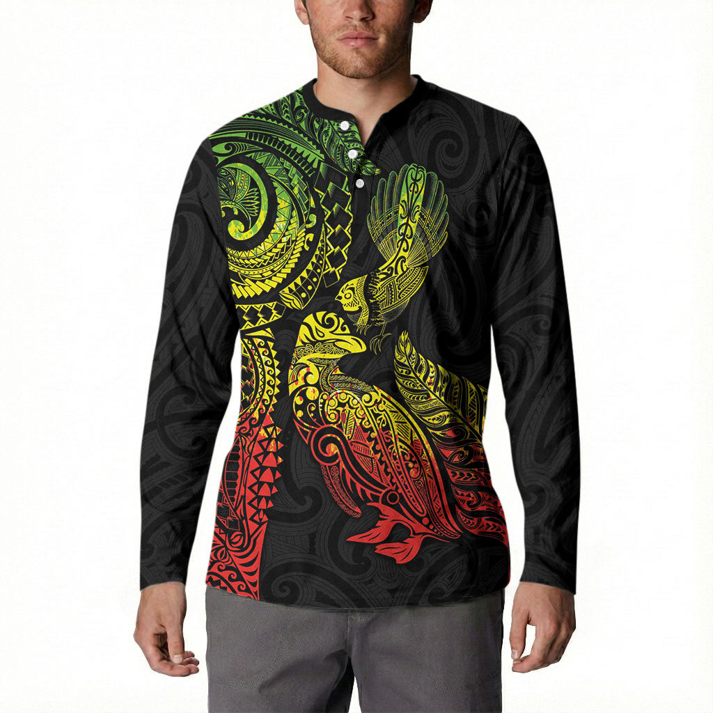 Aotearoa Moko Tribal Tattoo Button Sweatshirt New Zealand Maori Penguin and Fantail Reggae Style