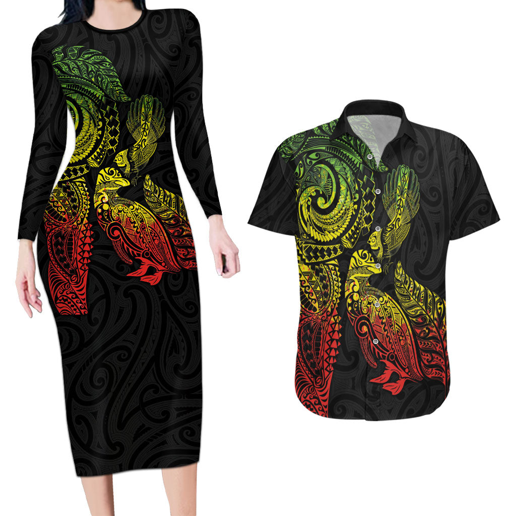 Aotearoa Moko Tribal Tattoo Couples Matching Long Sleeve Bodycon Dress and Hawaiian Shirt New Zealand Maori Penguin and Fantail Reggae Style