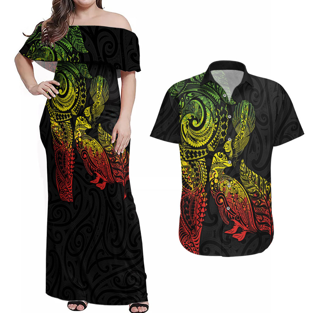 Aotearoa Moko Tribal Tattoo Couples Matching Off Shoulder Maxi Dress and Hawaiian Shirt New Zealand Maori Penguin and Fantail Reggae Style LT03 Multicolor - Polynesian Pride