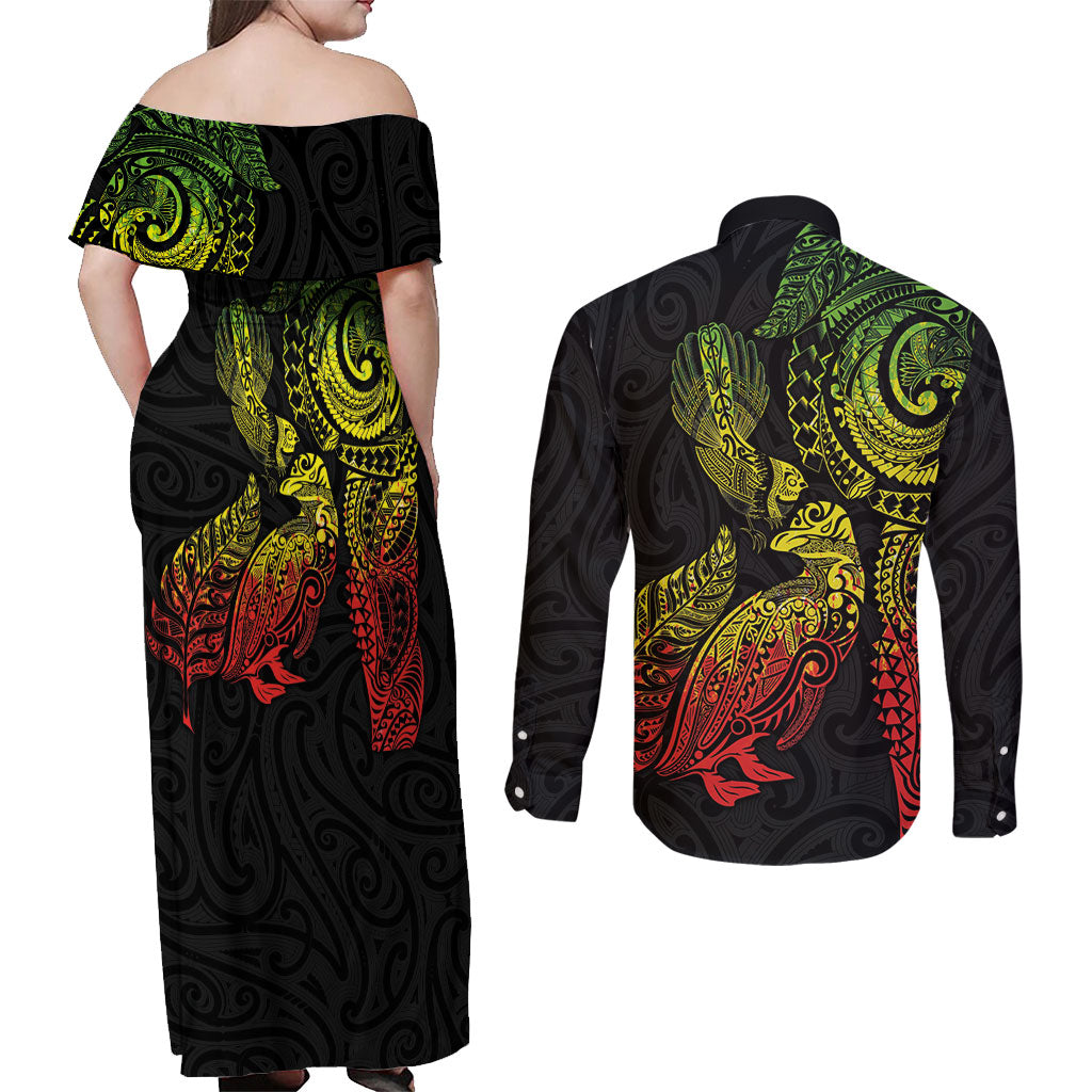 Aotearoa Moko Tribal Tattoo Couples Matching Off Shoulder Maxi Dress and Long Sleeve Button Shirt New Zealand Maori Penguin and Fantail Reggae Style LT03 - Polynesian Pride