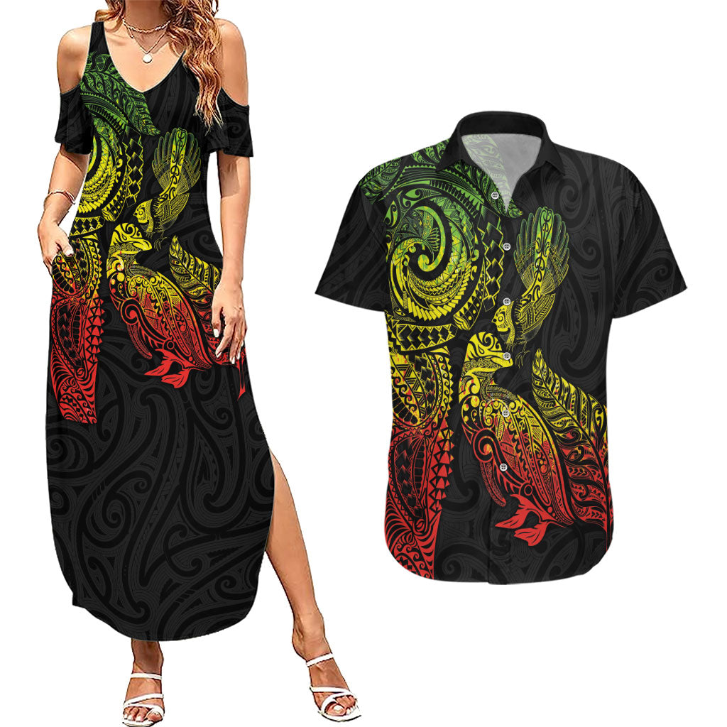 Aotearoa Moko Tribal Tattoo Couples Matching Summer Maxi Dress and Hawaiian Shirt New Zealand Maori Penguin and Fantail Reggae Style