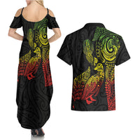 Aotearoa Moko Tribal Tattoo Couples Matching Summer Maxi Dress and Hawaiian Shirt New Zealand Maori Penguin and Fantail Reggae Style LT03 - Polynesian Pride