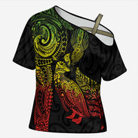 Aotearoa Moko Tribal Tattoo Cross Shoulder Shirt New Zealand Maori Penguin and Fantail Reggae Style LT03 Female Multicolor - Polynesian Pride