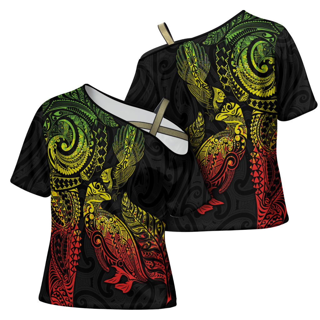 Aotearoa Moko Tribal Tattoo Cross Shoulder Shirt New Zealand Maori Penguin and Fantail Reggae Style LT03 - Polynesian Pride
