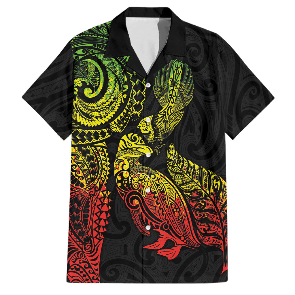Aotearoa Moko Tribal Tattoo Family Matching Long Sleeve Bodycon Dress and Hawaiian Shirt New Zealand Maori Penguin and Fantail Reggae Style LT03 Dad's Shirt - Short Sleeve Multicolor - Polynesian Pride