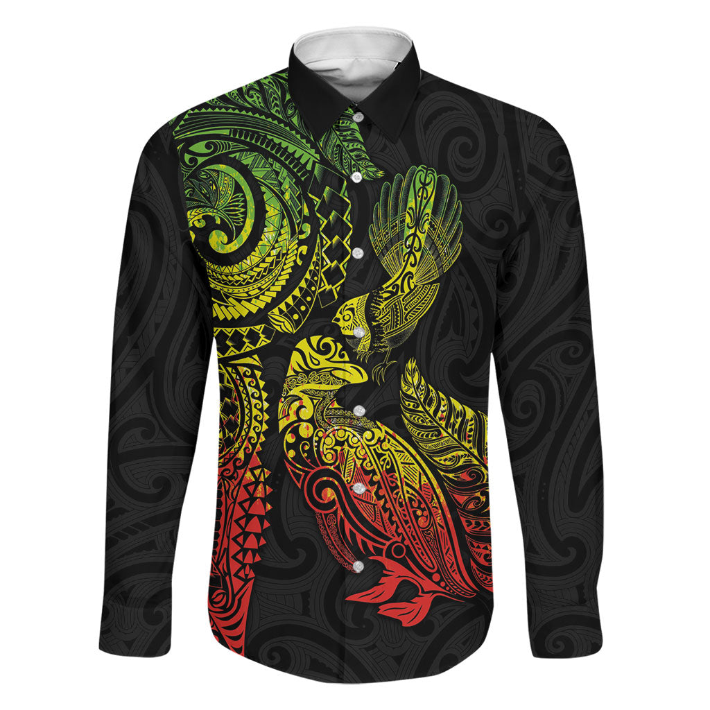 Aotearoa Moko Tribal Tattoo Family Matching Long Sleeve Bodycon Dress and Hawaiian Shirt New Zealand Maori Penguin and Fantail Reggae Style LT03 Dad's Shirt - Long Sleeve Multicolor - Polynesian Pride