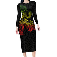Aotearoa Moko Tribal Tattoo Family Matching Long Sleeve Bodycon Dress and Hawaiian Shirt New Zealand Maori Penguin and Fantail Reggae Style LT03 Mom's Dress Multicolor - Polynesian Pride