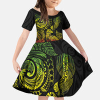 Aotearoa Moko Tribal Tattoo Family Matching Off The Shoulder Long Sleeve Dress and Hawaiian Shirt New Zealand Maori Penguin and Fantail Reggae Style LT03 Daughter's Dress Multicolor - Polynesian Pride