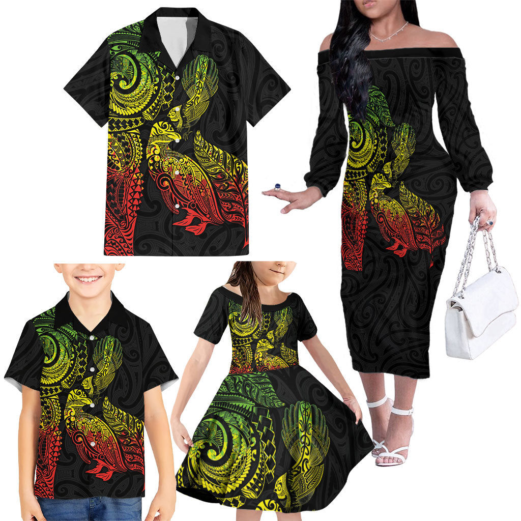 Aotearoa Moko Tribal Tattoo Family Matching Off The Shoulder Long Sleeve Dress and Hawaiian Shirt New Zealand Maori Penguin and Fantail Reggae Style