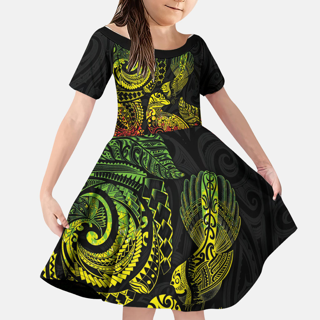 Aotearoa Moko Tribal Tattoo Family Matching Off Shoulder Maxi Dress and Hawaiian Shirt New Zealand Maori Penguin and Fantail Reggae Style LT03 Daughter's Dress Multicolor - Polynesian Pride