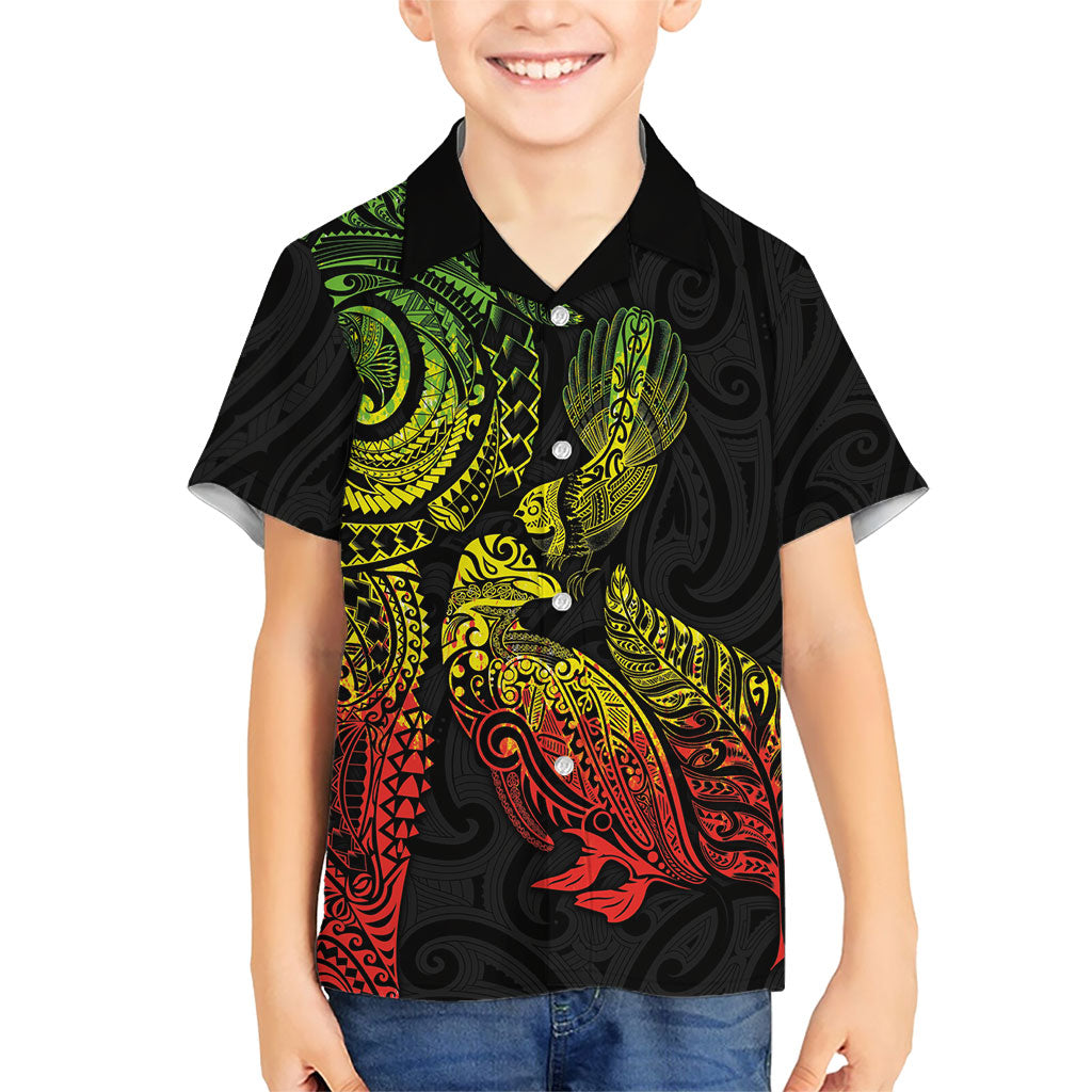 Aotearoa Moko Tribal Tattoo Family Matching Off Shoulder Maxi Dress and Hawaiian Shirt New Zealand Maori Penguin and Fantail Reggae Style LT03 Son's Shirt Multicolor - Polynesian Pride