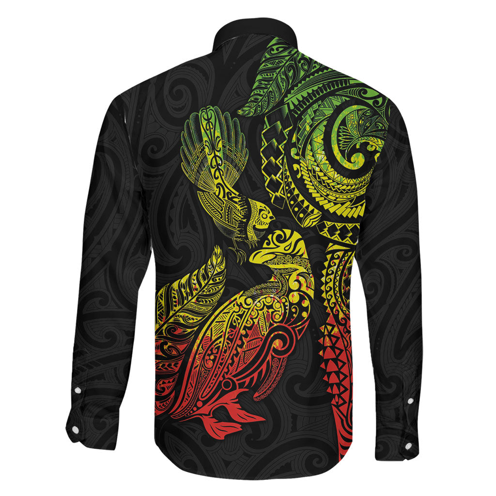 Aotearoa Moko Tribal Tattoo Family Matching Off Shoulder Short Dress and Hawaiian Shirt New Zealand Maori Penguin and Fantail Reggae Style LT03 - Polynesian Pride