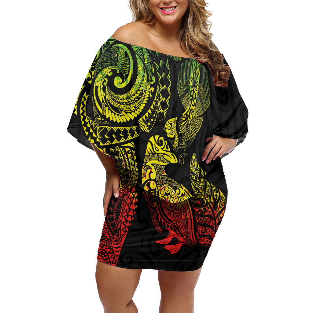 Aotearoa Moko Tribal Tattoo Family Matching Off Shoulder Short Dress and Hawaiian Shirt New Zealand Maori Penguin and Fantail Reggae Style LT03 Mom's Dress Multicolor - Polynesian Pride