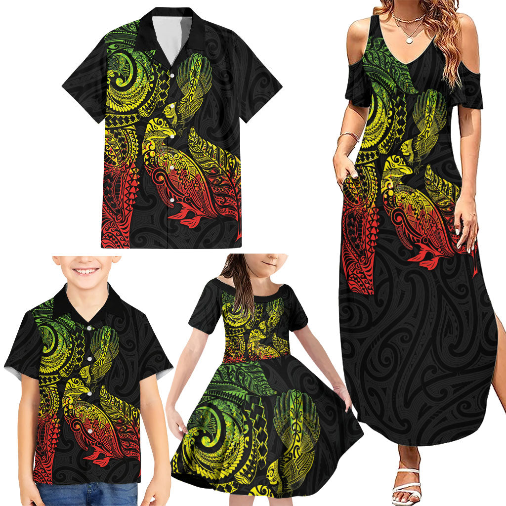 Aotearoa Moko Tribal Tattoo Family Matching Summer Maxi Dress and Hawaiian Shirt New Zealand Maori Penguin and Fantail Reggae Style