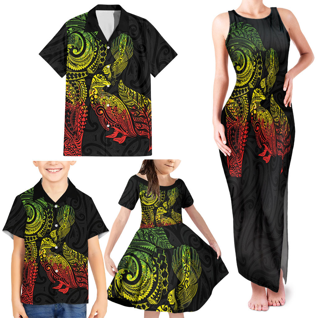 Aotearoa Moko Tribal Tattoo Family Matching Tank Maxi Dress and Hawaiian Shirt New Zealand Maori Penguin and Fantail Reggae Style LT03 - Polynesian Pride