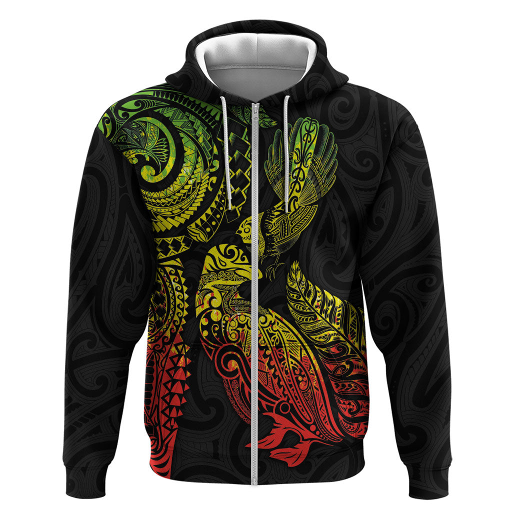 Aotearoa Moko Tribal Tattoo Hoodie New Zealand Maori Penguin and Fantail Reggae Style LT03 Zip Hoodie Multicolor - Polynesian Pride