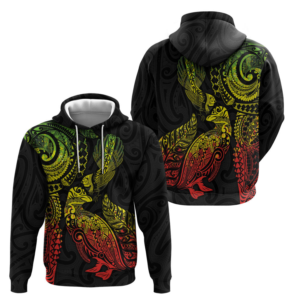 Aotearoa Moko Tribal Tattoo Hoodie New Zealand Maori Penguin and Fantail Reggae Style LT03 - Polynesian Pride