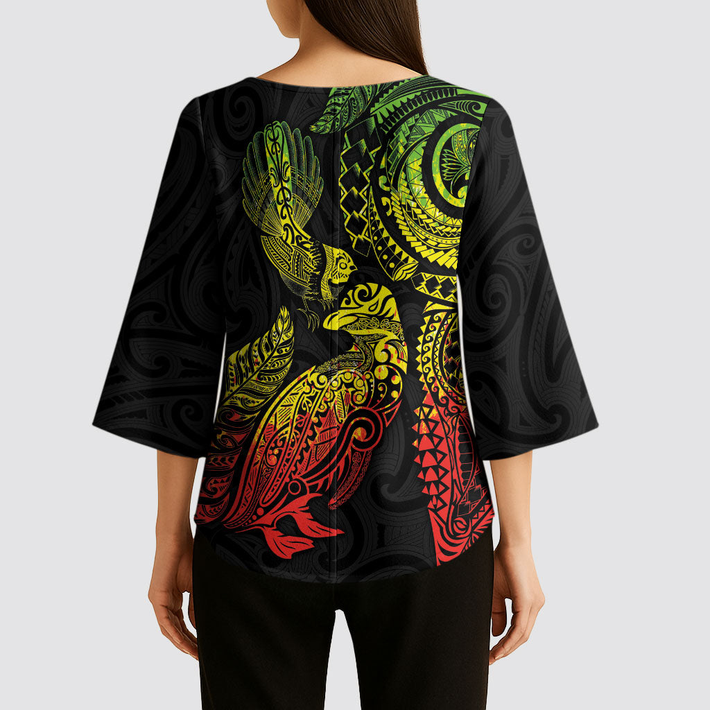 Aotearoa Moko Tribal Tattoo Kimono Sleeve Blouse New Zealand Maori Penguin and Fantail Reggae Style LT03 - Polynesian Pride