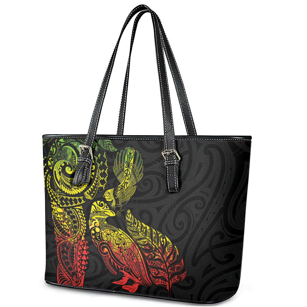 Aotearoa Moko Tribal Tattoo Leather Tote Bag New Zealand Maori Penguin and Fantail Reggae Style LT03 - Polynesian Pride
