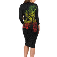 Aotearoa Moko Tribal Tattoo Long Sleeve Bodycon Dress New Zealand Maori Penguin and Fantail Reggae Style LT03 - Polynesian Pride