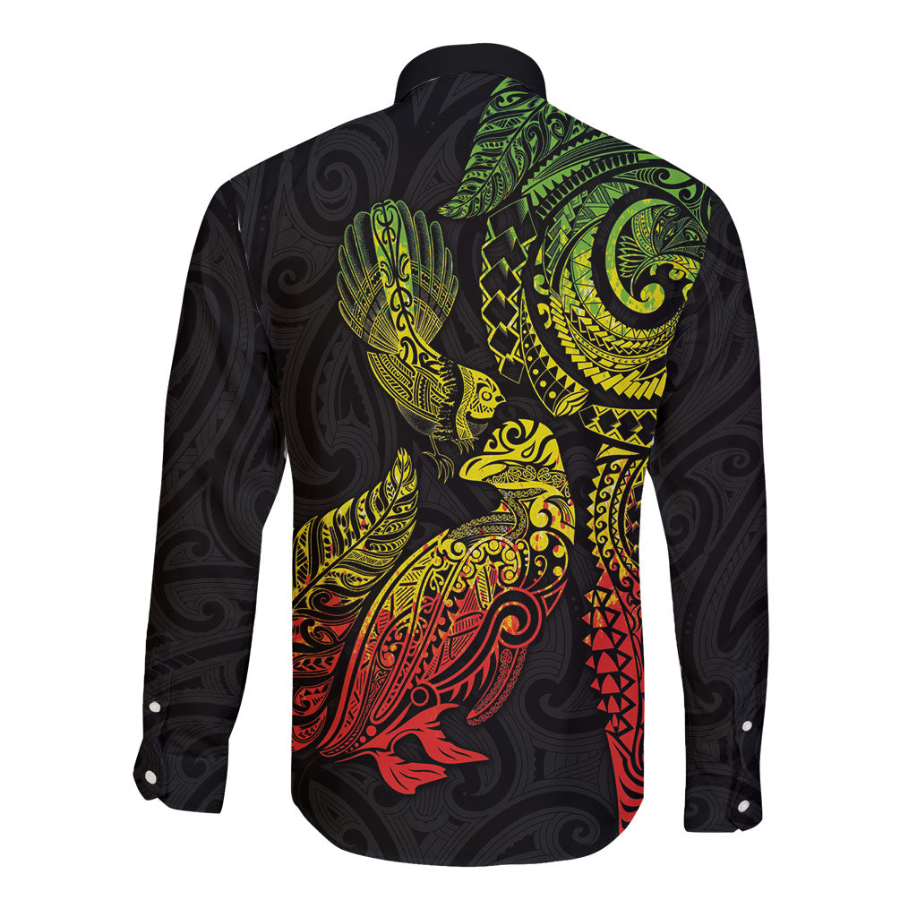 Aotearoa Moko Tribal Tattoo Long Sleeve Button Shirt New Zealand Maori Penguin and Fantail Reggae Style LT03 - Polynesian Pride