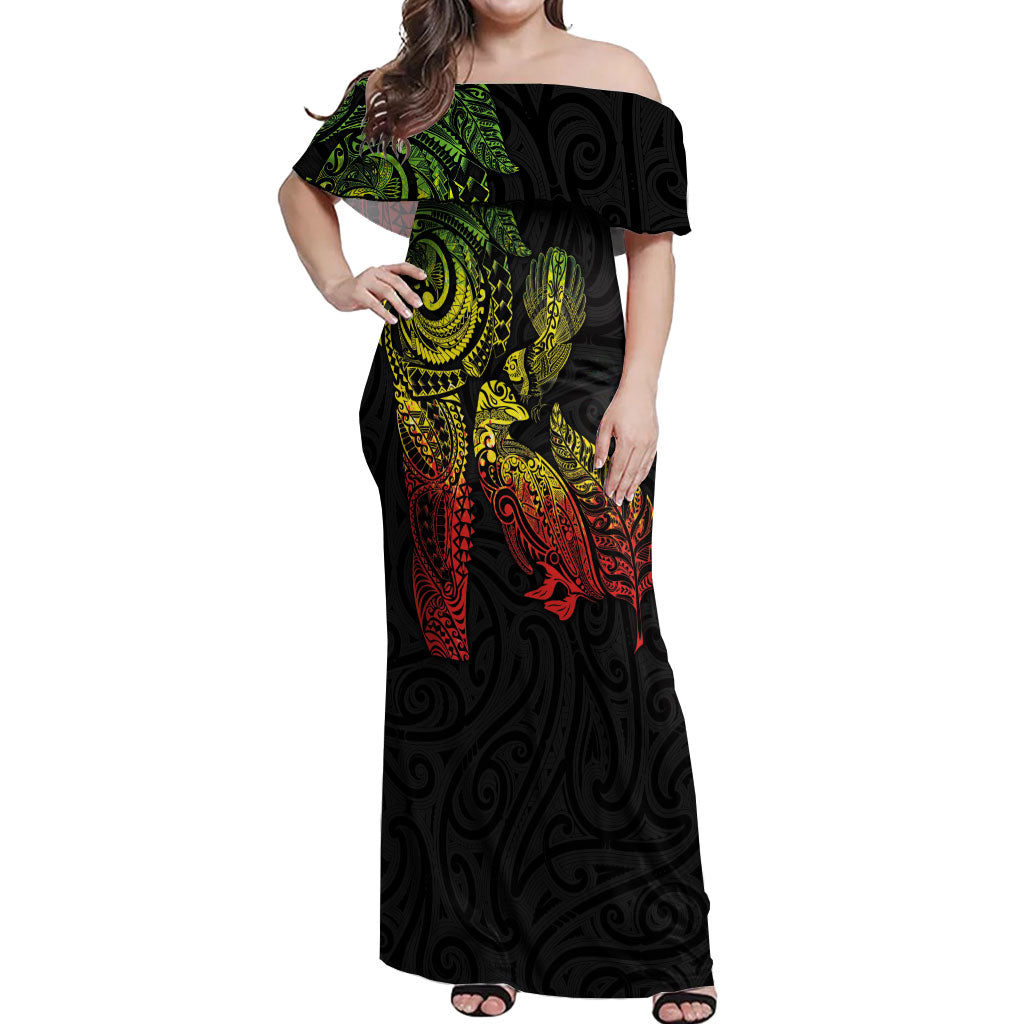 Aotearoa Moko Tribal Tattoo Off Shoulder Maxi Dress New Zealand Maori Penguin and Fantail Reggae Style
