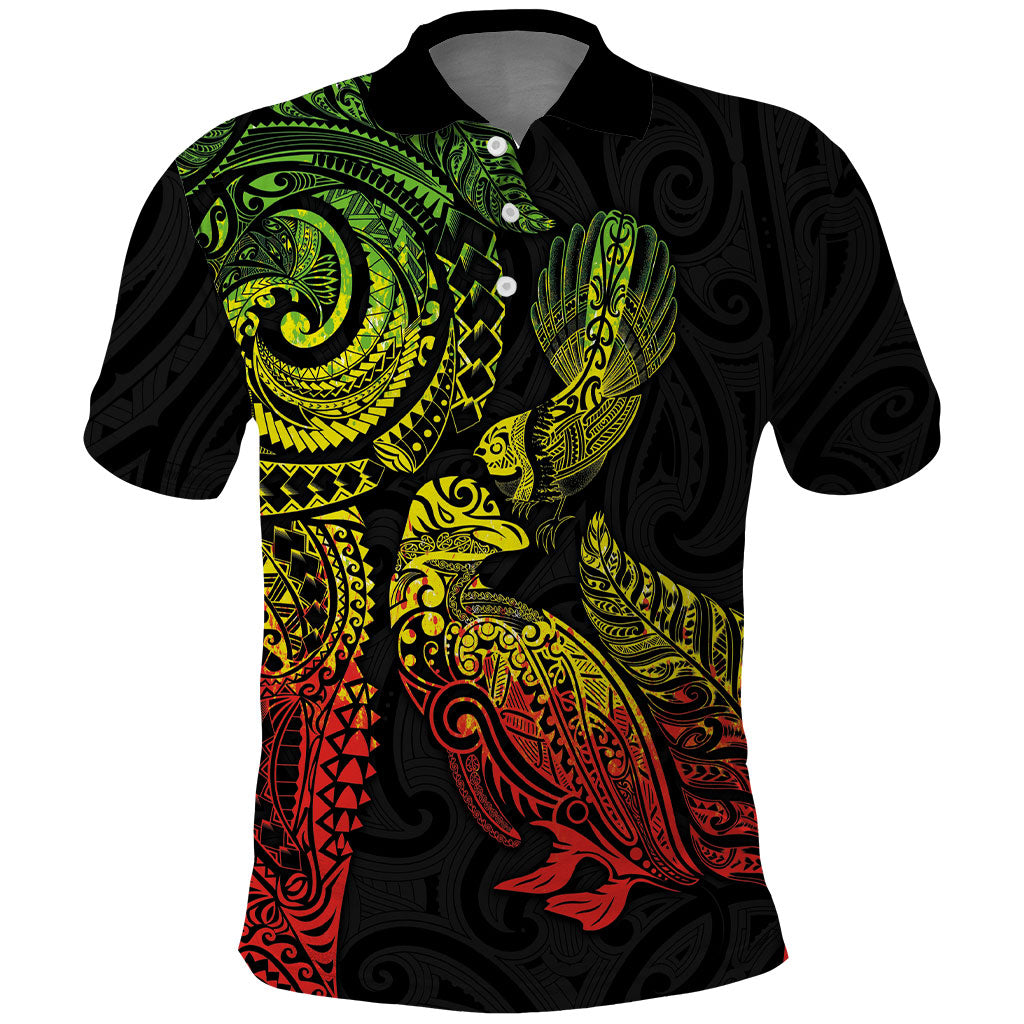 Aotearoa Moko Tribal Tattoo Polo Shirt New Zealand Maori Penguin and Fantail Reggae Style LT03 Multicolor - Polynesian Pride