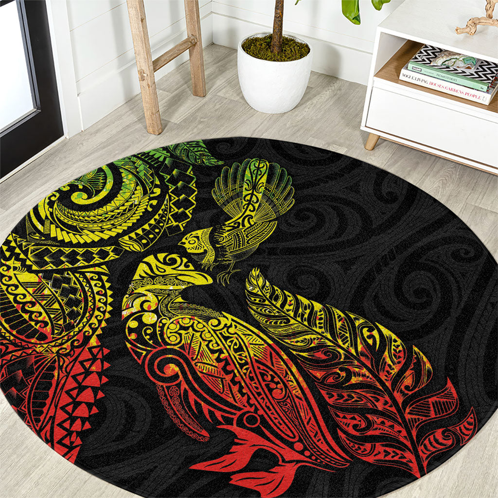 Aotearoa Moko Tribal Tattoo Round Carpet New Zealand Maori Penguin and Fantail Reggae Style LT03 Multicolor - Polynesian Pride