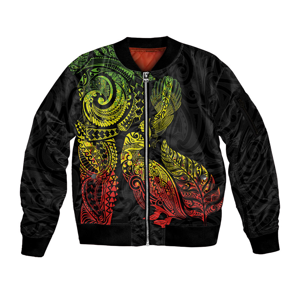 Aotearoa Moko Tribal Tattoo Sleeve Zip Bomber Jacket New Zealand Maori Penguin and Fantail Reggae Style LT03 Unisex Multicolor - Polynesian Pride