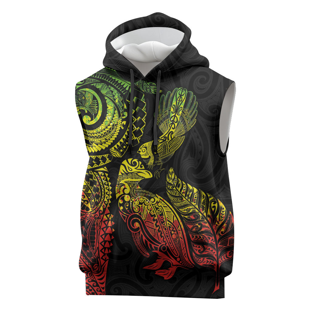 Aotearoa Moko Tribal Tattoo Sleeveless Hoodie New Zealand Maori Penguin and Fantail Reggae Style LT03 Multicolor - Polynesian Pride