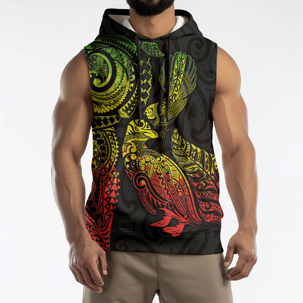 Aotearoa Moko Tribal Tattoo Sleeveless Hoodie New Zealand Maori Penguin and Fantail Reggae Style LT03 - Polynesian Pride