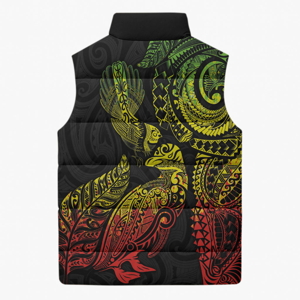 Aotearoa Moko Tribal Tattoo Sleeveless Puffer Jacket New Zealand Maori Penguin and Fantail Reggae Style LT03 - Polynesian Pride