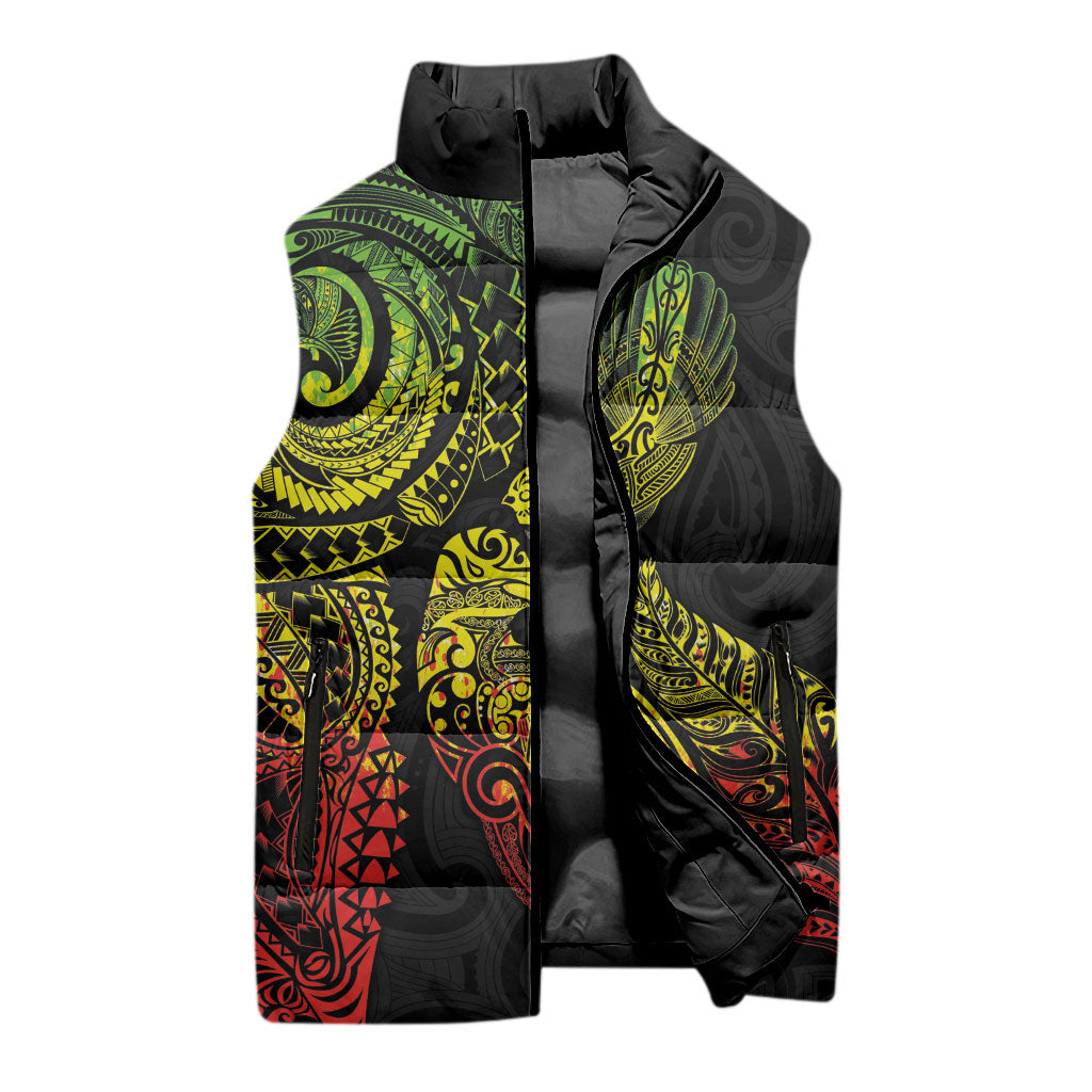Aotearoa Moko Tribal Tattoo Sleeveless Puffer Jacket New Zealand Maori Penguin and Fantail Reggae Style LT03 - Polynesian Pride