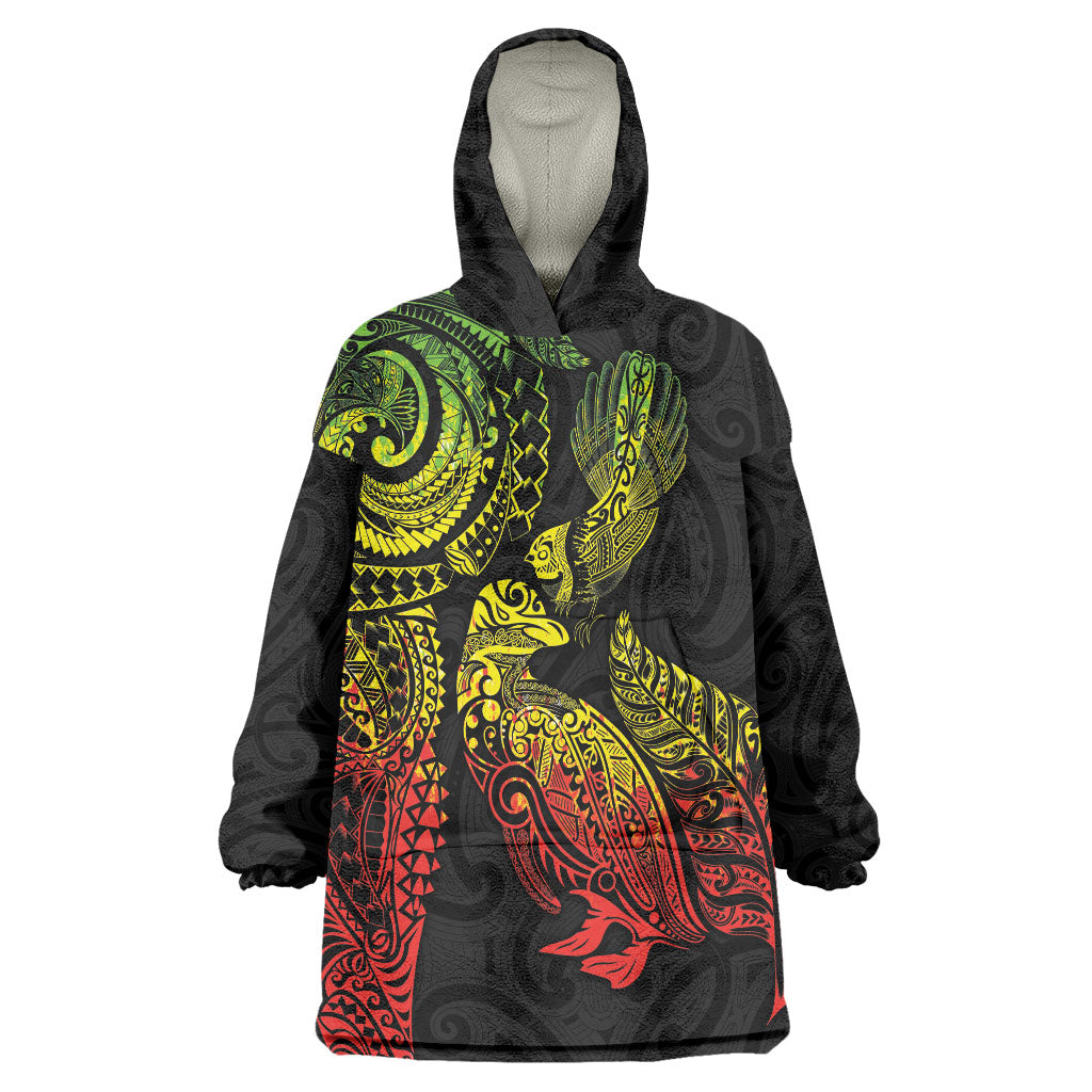 Aotearoa Moko Tribal Tattoo Wearable Blanket Hoodie New Zealand Maori Penguin and Fantail Reggae Style LT03 One Size Multicolor - Polynesian Pride