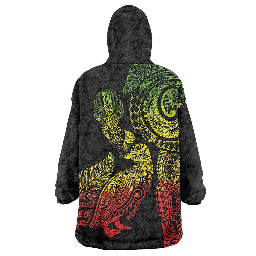 Aotearoa Moko Tribal Tattoo Wearable Blanket Hoodie New Zealand Maori Penguin and Fantail Reggae Style LT03 - Polynesian Pride