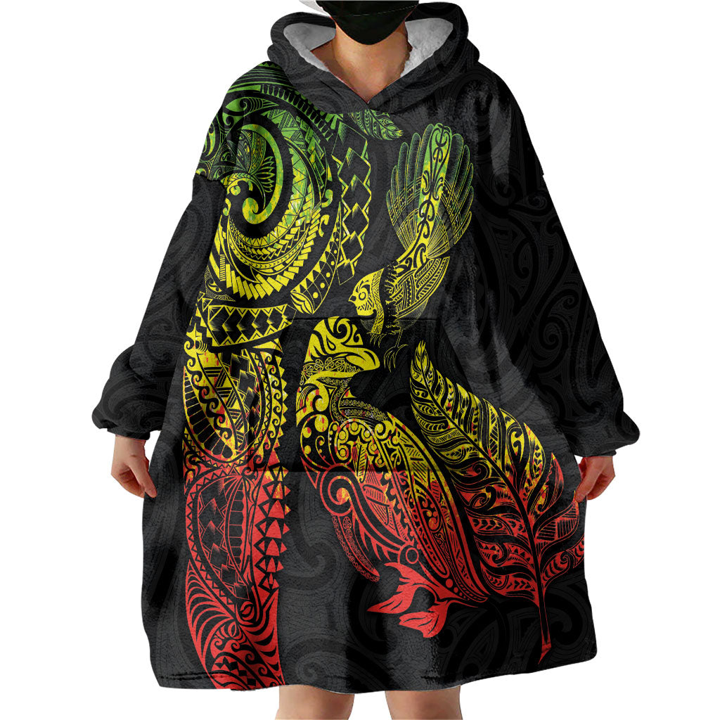 Aotearoa Moko Tribal Tattoo Wearable Blanket Hoodie New Zealand Maori Penguin and Fantail Reggae Style LT03 - Polynesian Pride