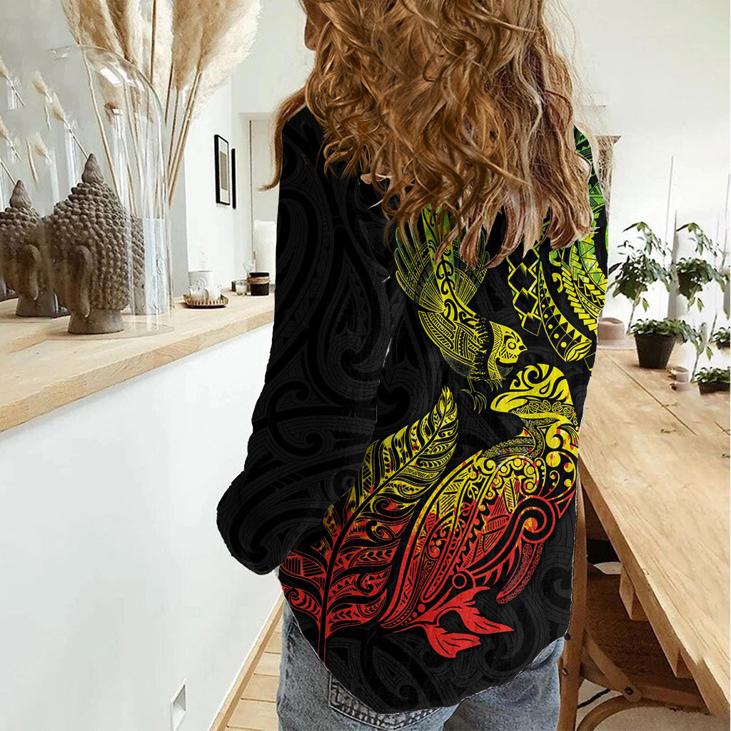 Aotearoa Moko Tribal Tattoo Women Casual Shirt New Zealand Maori Penguin and Fantail Reggae Style LT03 - Polynesian Pride