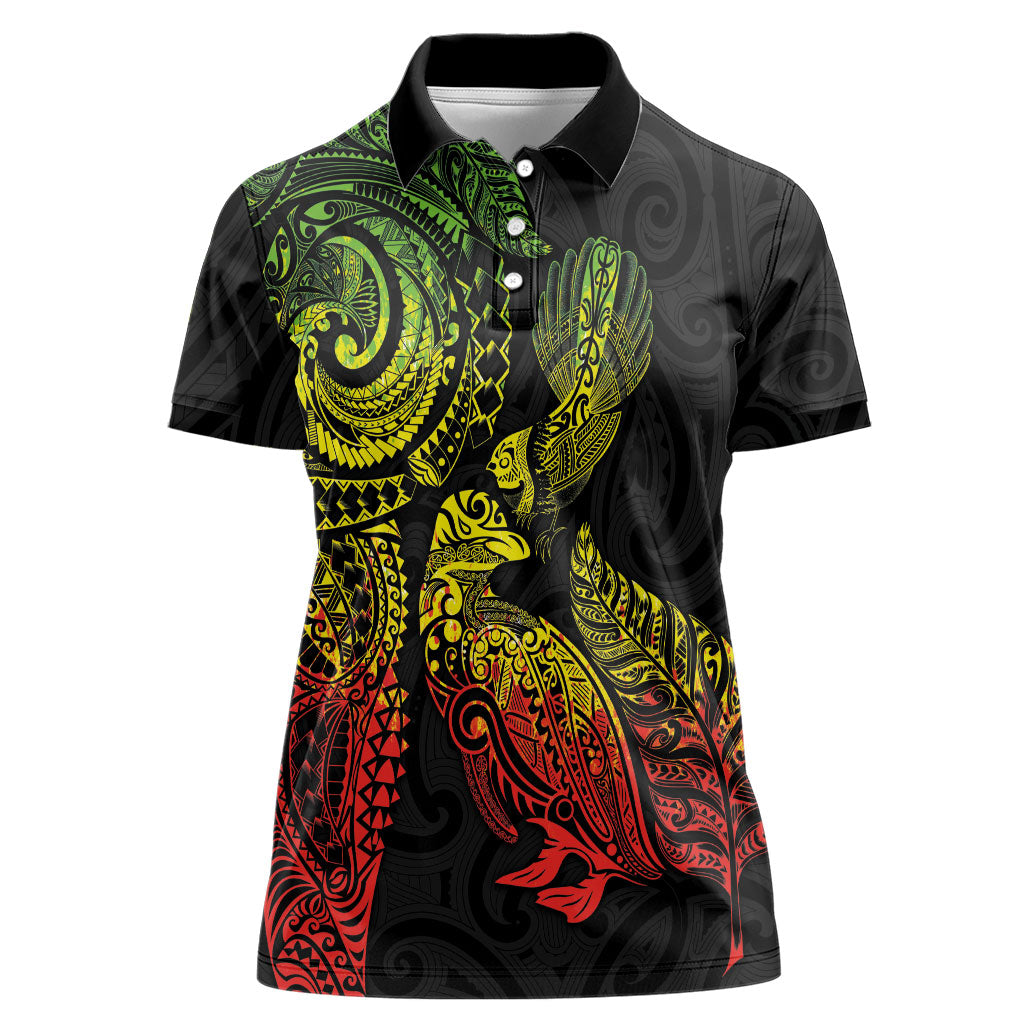 Aotearoa Moko Tribal Tattoo Women Polo Shirt New Zealand Maori Penguin and Fantail Reggae Style
