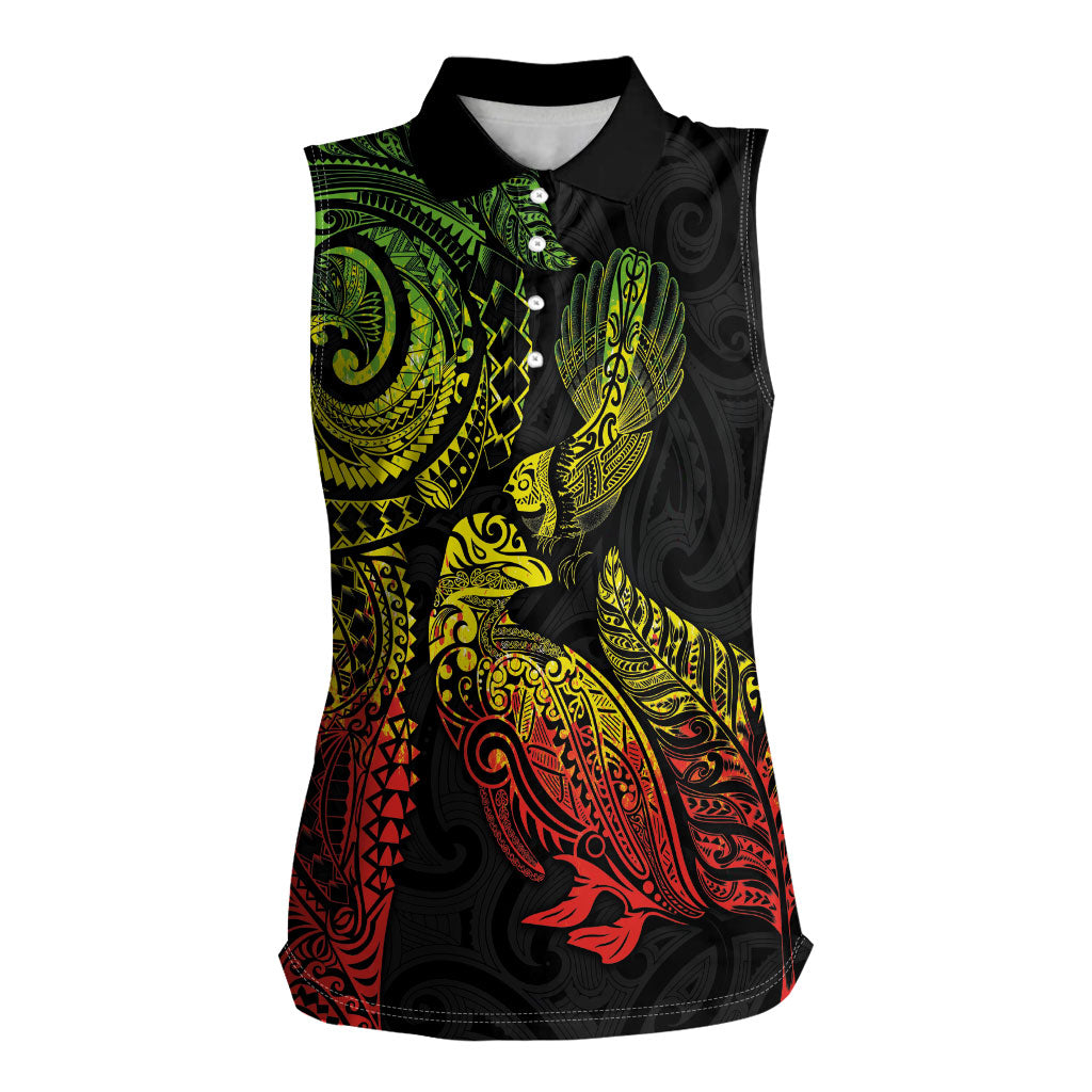 Aotearoa Moko Tribal Tattoo Women Sleeveless Polo Shirt New Zealand Maori Penguin and Fantail Reggae Style