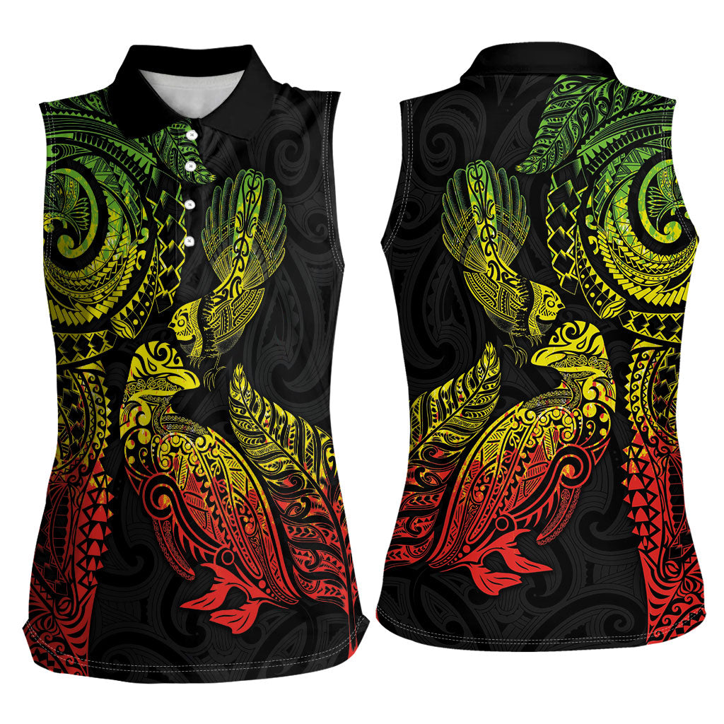 Aotearoa Moko Tribal Tattoo Women Sleeveless Polo Shirt New Zealand Maori Penguin and Fantail Reggae Style LT03 - Polynesian Pride