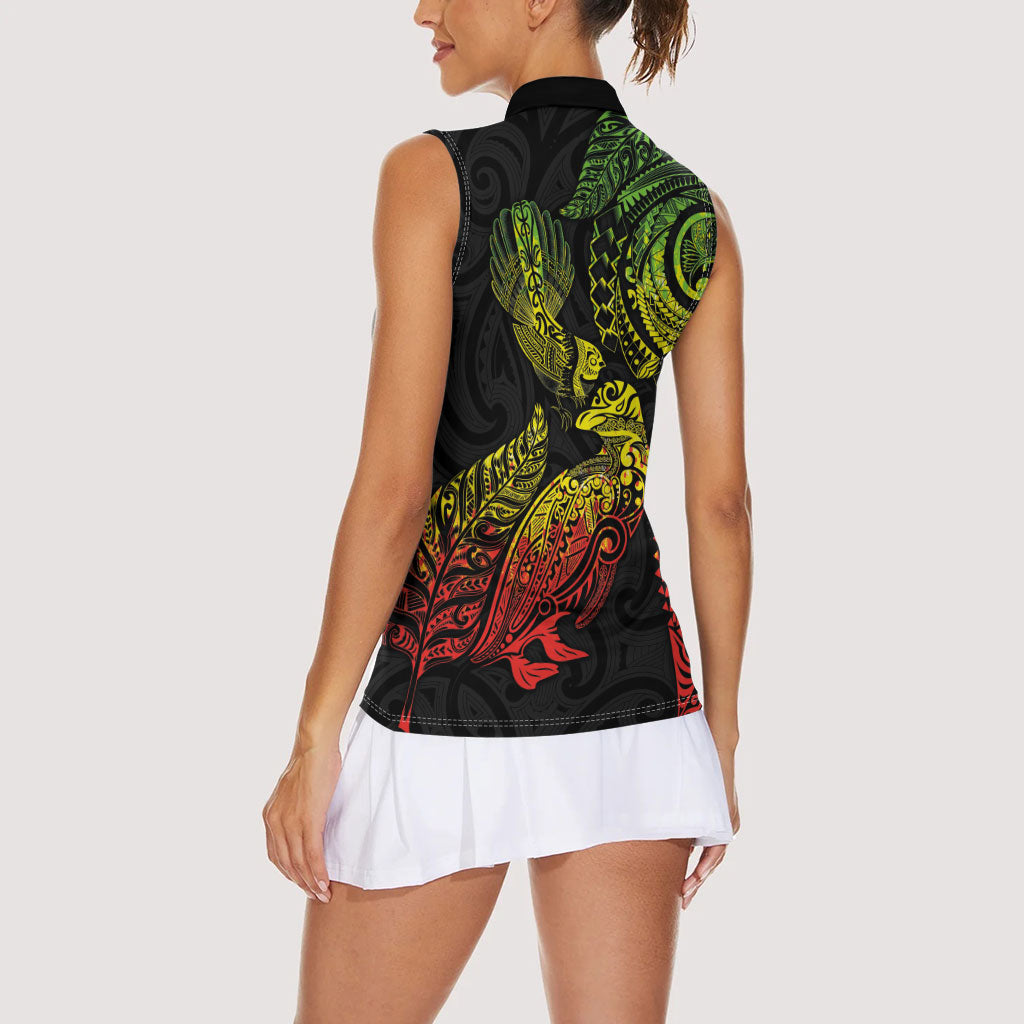 Aotearoa Moko Tribal Tattoo Women Sleeveless Polo Shirt New Zealand Maori Penguin and Fantail Reggae Style LT03 - Polynesian Pride